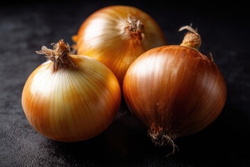 Three tan onions rest on a dark surface showing their layers and papery skins