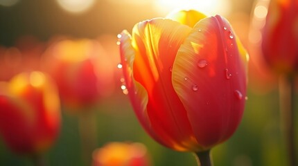 A close-up shot of a vibrant red and yellow tulip with water droplets on its petals, illuminated by the warm glow of the setting sun.