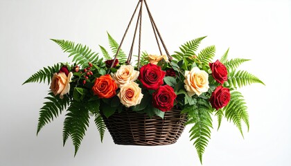 A hanging wicker basket overflows with various colored roses and lush green ferns against a stark white backdrop
