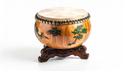 A round, wooden drum with a light-colored head, resting on an ornate stand, features green painted pine tree designs