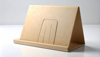 A light beige, triangular, cardboard book stand with a central slot for holding pages.  Minimalist design, clean lines