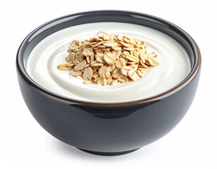 Creamy yogurt topped with a mound of dry rolled oats in a dark gray bowl, isolated on white