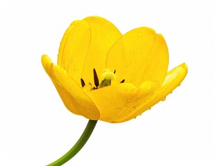 Single vibrant yellow tulip with dew drops, showcasing its petals, stamen, and stem against a stark white background