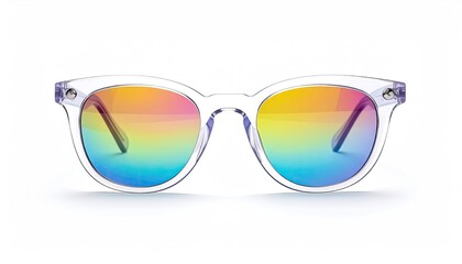 Transparent, rounded sunglasses with rainbow gradient lenses, showcasing a modern, stylish design