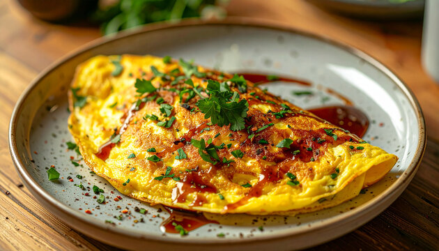Omelette with fresh herbs and sauce on ceramic plate. Appetizing and cozy food. Delicious meal
