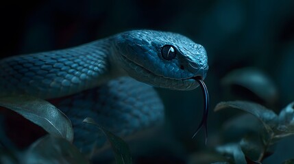Fototapeta premium Coiled jungle snake with glowing eyes and extended tongue in dark blue plants