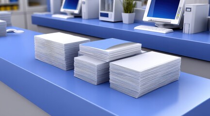 3D illustration of a blue counter with stacks of white paper on it, and two small computers in the background.