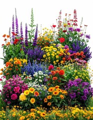 A vibrant, densely packed cluster of diverse blooming flowers in various colors and heights, set against a stark white background, showcasing a profusion of summer blossoms