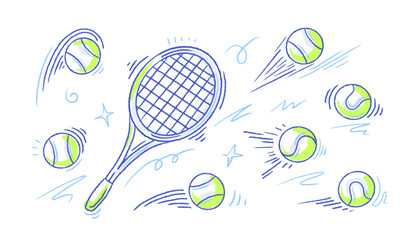 Tennis racket. Sport ball. Vector line crayon sign