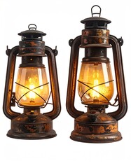 Two antique-style oil lamps, one larger than the other, both with a warm, glowing light inside, showing wear and a rustic patina