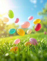 Colorful jelly beans levitate and fall onto a vibrant green grassy field under a bright, sunny sky