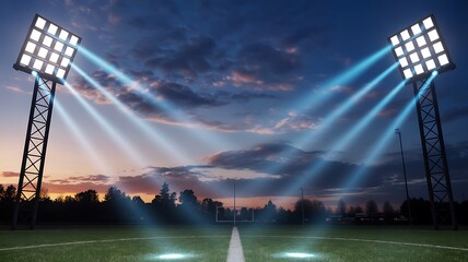 Powerful stadium lights illuminating a sports field at dusk, ready for night games.