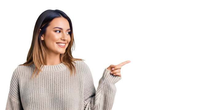 Happy young woman pointing to the side isolated PNG with Transparent Background