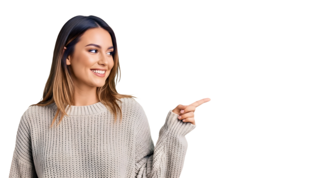 Happy young woman pointing to the side isolated PNG with Transparent Background
