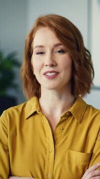Young caucasian woman with a bob haircut and yellow shirt, smiling confidently, eye contact, inviting gesture in a sleek corporate office, in a slow push-in medium video. Concept of corporate