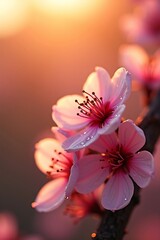 Close-up of delicate pink cherry blossoms with sparkling dew drops, bathed in warm golden sunlight.