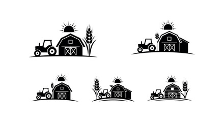 Collection of five rustic farm scenes featuring tractors and barns with a stylized sun and wheat stalks silhouette isolated on transparent background © PixelSaga MH2 
