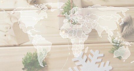 Map outlines fading over gift box, glowing point arcing continents, sparkling path showing journey