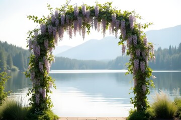 A serene lakeside wedding arch decorated with wisteria.
