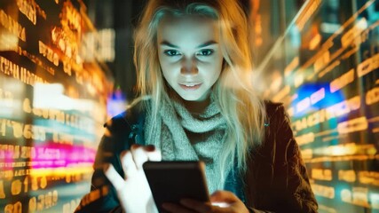 Financial data processing by a woman in a city setting at night with vibrant lights, financial data processing over caucasian woman using smartphone - Powered by Adobe