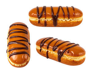 Three oblong pastries, glazed and drizzled with chocolate, displayed against a white background