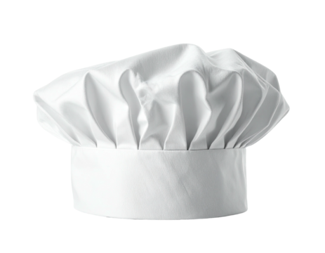 White chef's hat, full view, against black background.  Plump, pleated, professional-grade culinary headwear