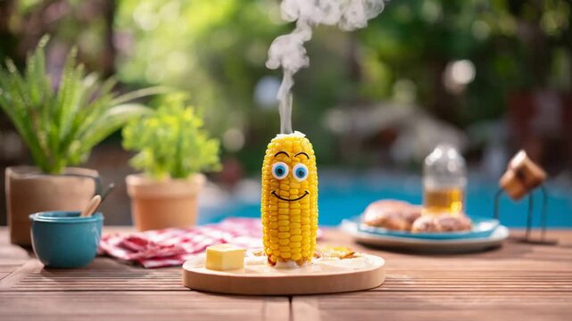 Adorable steaming corn character enjoys a sunny day with butter and drinks.