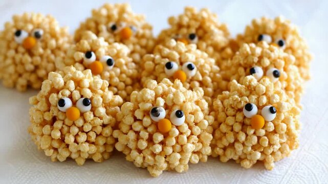 Adorable Krispy Rice Treats Crafted into Cute Yellow Chicks for Easter Celebrations.