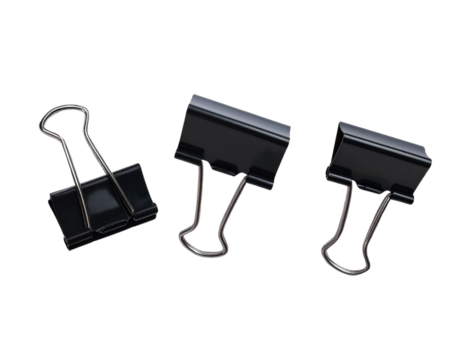 Binder clip for paper or Realistic metallic black paper clip. Office supplies or page clamp. Set of closed metal paper clips isolated on transparency background.