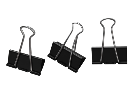 Binder clip for paper or Realistic metallic black paper clip. Office supplies or page clamp. Set of closed metal paper clips isolated on transparency background.