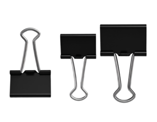 Binder clip for paper or Realistic metallic black paper clip. Office supplies or page clamp. Set of closed metal paper clips isolated on transparency background.