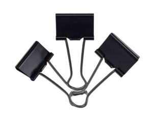 Binder clip for paper or Realistic metallic black paper clip. Office supplies or page clamp. Set of closed metal paper clips isolated on transparency background.