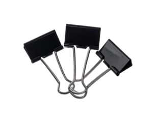 Binder clip for paper or Realistic metallic black paper clip. Office supplies or page clamp. Set of closed metal paper clips isolated on transparency background.