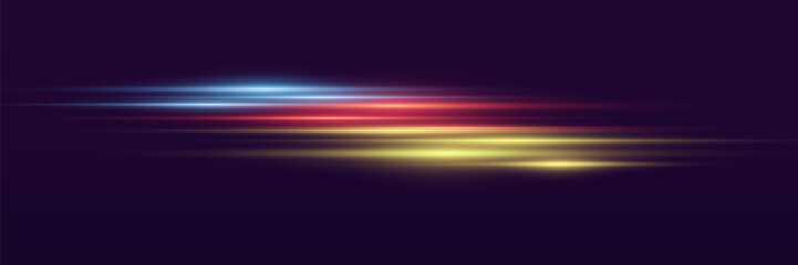 Light movement effect for banners. Blue, red, and yellow lines. Speed ​​effect on a transparent background.