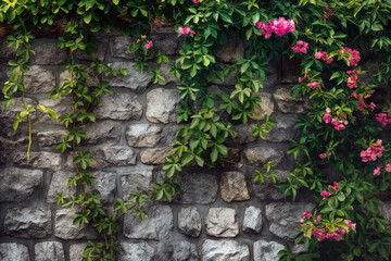 Rustic stone wall entwined with cascading green vines and blooming pink blossoms. A serene textured background blending rugged masonry and vibrant natural growth.