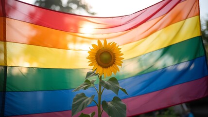 Bright sunflower blooms against a vibrant rainbow flag, symbolizing hope and pride in the sunshine.