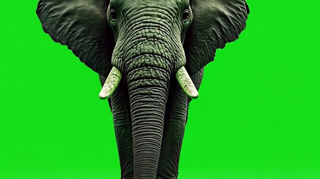 A realistic African elephant stands facing the viewer against a bright green background. The elephant has large ears, tusks, and a textured gray skin.
