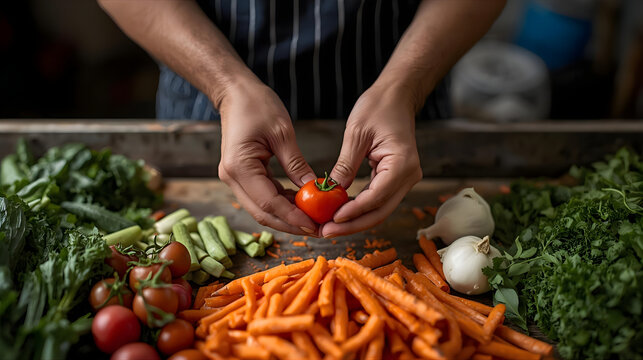 Close-up of hands holding a small tomato, surrounded by chopped carrots and other fresh vegetables on a wooden cutting board. - Powered by Adobe