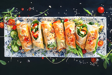 Healthy Asian Summer Rolls with Fresh Vegetables on a Stylish Plate. Top View of Fresh Vegetarian Spring Rolls on a Dark Background.