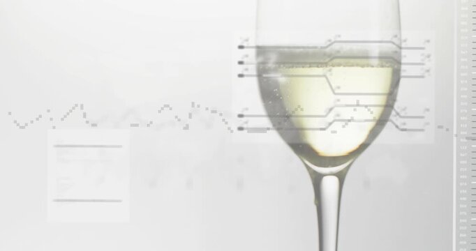 On initial frame glass holding yellow liquid bubbles rising charts and panels creating data display