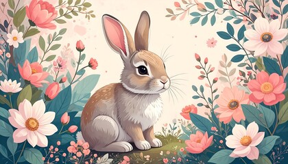 Cute rabbit surrounded by flowers