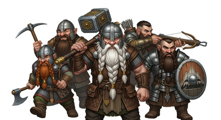 Group of fantasy dwarf warriors with weapons isolated on white background, digital illustration, concept art for tabletop games and books