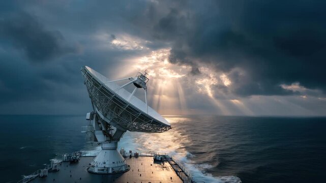 A satellite dish stands strong on a ship as dark clouds gather above. Rays of sunlight break through as the ocean roars in the background, creating a striking contrast