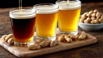 A selection of different beers paired with peanuts creates a perfect atmosphere for relaxation and enjoyment among friends