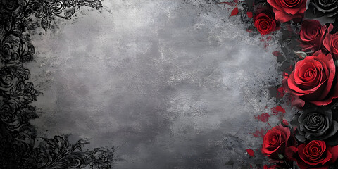 Dark Gothic Background with a Frame of Red and Black Roses. Moody and Romantic Floral Border