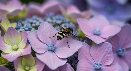 Hoverfly on hydrangea flowers closeup
