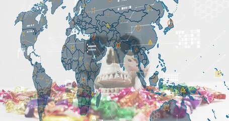 On animation start world map fading in over skull, spawning data icons to illustrate network growth - Powered by Adobe