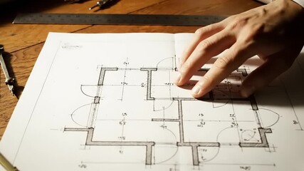 Architect reviewing floor plan blueprints in a well-lit room, showcasing home design and construction process - Powered by Adobe