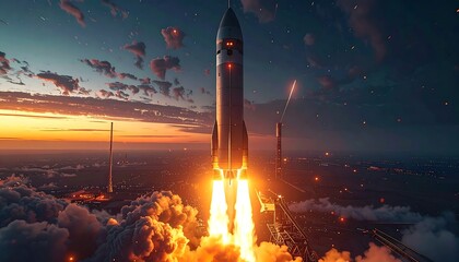 Photorealistic digital illustration of a futuristic spacecraft launch, with a powerful rocket ascending rapidly into the dawn sky amid fire and clouds