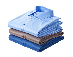 Folded light blue and gray dress shirts stacked, reflecting on a white background